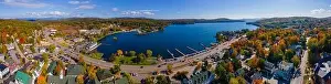 Panoramic aerial view of Meredith Bay in Lake Winnipesaukee and Meredith town center in fall, New Hampshire NH, USA
