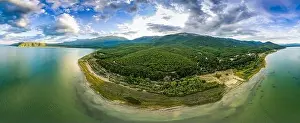 Ohrid Prints: Panoramic aerial view of Ohrid-Prespa Transboundary Biosphere Reserve in National Park Galicica in North Macedonia with