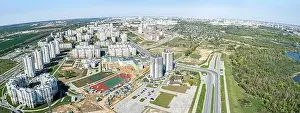 River Lake Prints: panoramic aerial view of residential area on a sunny spring day. Minsk, Belarus
