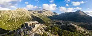Panoramic aerial view of the ruins of a hilltop Turkish fortress on the Askifou Plateau, Crete, Greece