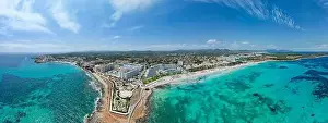 Panoramic aerial view of Sa Coma beach in Mallorca Spain on a summer day