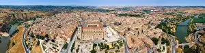 Alcazar Prints: A panoramic aerial view of Toledo with the Alcazar fortress and Tagus River