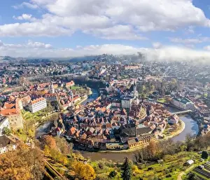 Cesky Prints: Panoramic aerial view over town center of Cesky Krumlov during autumn season in Czech Republic