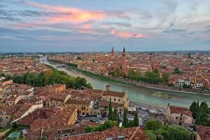 Images Dated 21st July 2018: Panoramic aerial view of Verona, Italy after summer sunset, cloudy sky