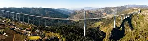 Carriageway Prints: Panoramic aerial view of Vila Real viaduct crossing gorge of Corgo River