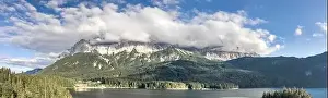 Garmisch Prints: Panoramic aerial view of Zugspitze mountain heavy fog by Eibsee Lake in Germany