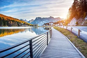 Misurina Prints: Panoramic autumn view of embankment Misurina lake and Misurina village