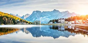 Misurina Prints: Panoramic autumn view of Misurina lake and Misurina village