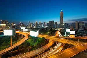 Panoramic Bangkok city building modern business district with expressway in downtown at twilight in Bangkok, Thailand