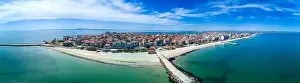 Pomorie Prints: Panoramic bird's eye view over small ancient resort town of Pomorie with old European small houses
