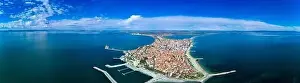 Pomorie Prints: Panoramic bird's eye view over small ancient resort town of Pomorie with old European small houses