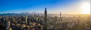 Panoramic drone aerial view of sunrise at Kuala Lumpur city skyline