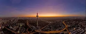 Frankfurt Prints: Panoramic drone image of the Frankfurt skyline with television tower in the evening during a colorful