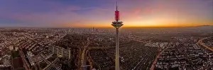 Frankfurt Prints: Panoramic drone image of the Frankfurt skyline with television tower in the evening during a colorful