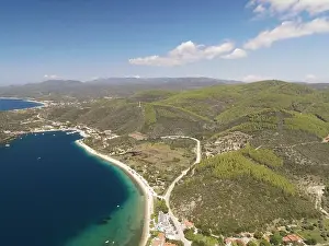 Surfers Prints: Panoramic drone photo of the tropical beach in the bay of Toroni in Halkidiki, Greece