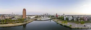 Financial Capital Prints: Panoramic drone picture of the Frankfurt skyline in the morning time