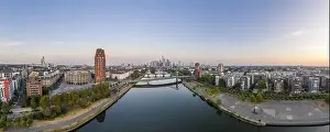 Panoramic drone picture of the Frankfurt skyline in the morning time