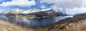 Nordland Prints: Panoramic drone view of the Bjærangfjorden in April in Nordland county, Norway