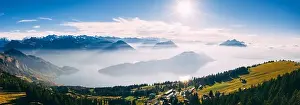 Blue Hill Prints: panoramic drone view over snow covered mountains during autumn