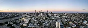 Panoramic drone view from South Brisbane of Brisbane City skyline, Queensland, Australia