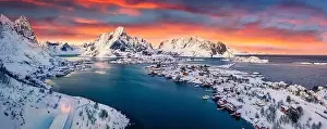 Panoramic evening view from flying drone of popular tourist destination - Reine town