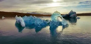 Jokulsarlon Prints: Panoramic evening view of icebergs in Jokulsarlon Glacier Lagoon