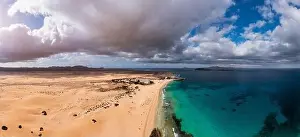 Panoramic high angle aerial drone view of Corralejo National Park (Parque Natural de Corralejo)