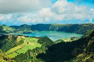 Verdant Prints: Panoramic image showcasing the breathtaking Lagoa das Sete Cidades