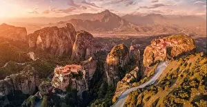 Tourist Place Prints: Panoramic majestic aerial view of the famous Meteora flying monasteries in Greece at autumn
