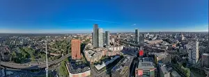Beetham Tower Prints: Panoramic Manchester City Centre Drone Aerial View Above Building Work Skyline Construction Blue Sky Summer Beetham