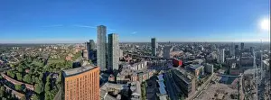 Beetham Tower Prints: Panoramic Manchester City Centre Drone Aerial View Above Building Work Skyline Construction Blue Sky Summer Beetham