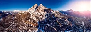 Misurina Prints: Panoramic photo Sunrise in Dolomites mountains South Tyrol, Italy. Aerial top view