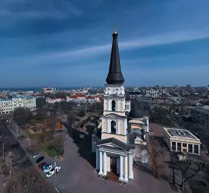 Panoramic photo of Transfiguration Cathedral in Odessa on a sunny day