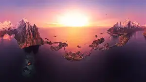 Boat Building Prints: Panoramic of picturesque scenery from drone of snowy mountains and calm sea under cloudless sky in Norway in evening