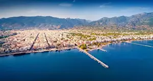 Yacht Prints: Panoramic summer cityscape of Kalamata port