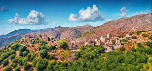 Panoramic summer view from fluing drone of ancient village fortress of Mani Peninsula - Vathia