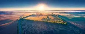 Panoramic summer view from flying drone of Ukrainian countryside