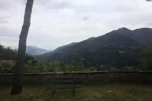 Holiday House Prints: Panoramic terrace with pines and benches in the mountains over a lake