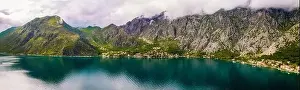 Panoramic view of amazing Kotor Bay and huge mountains in Montenegro