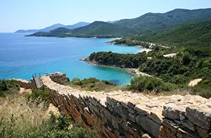 Bays Prints: panoramic view of the coast from the archeological excavation of the antique town Stagira in Greece