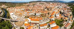 Panoramic view from drone of ancient walled Spanish city of Plasencia