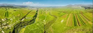 Armenia Prints: Panoramic view from the drone on the rows of agricultural land sown with crops