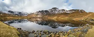 Reflected Prints: Panoramic view of Easedale Tarn in Winter with snowy mountain fells beyond