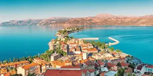 Panoramic view of Egirdir lake peninsula and town in Isparta region
