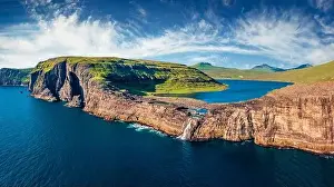 Bosdalafossur Prints: Panoramic view from flying drone of Bosdalafossur waterfall