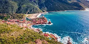 Corse Prints: Panoramic view from flying drone of Porto town with Genoise de Porto Ota tower