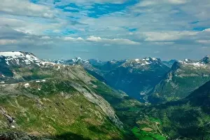 Geiranger Prints: Panoramic view of Geirangerfjord and mountains landscape from the Dalsnibba Plateau viewpoint