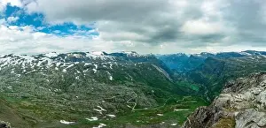 Geiranger Prints: Panoramic view of Geirangerfjord and mountains landscape from the Dalsnibba Plateau viewpoint