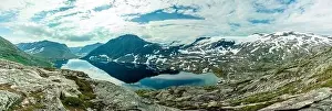 Geiranger Prints: Panoramic view of Geirangerfjord and mountains landscape from the Dalsnibba Plateau viewpoint
