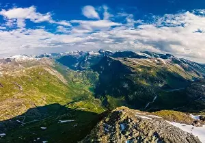 Geiranger Prints: Panoramic view of Geirangerfjord and mountains landscape from the Dalsnibba Plateau viewpoint